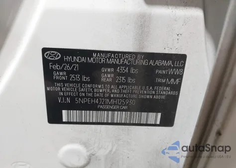 2021 Hyundai Sonata Limited z USA, uszkodzony, nr VIN 5NPEH4J21MH125930